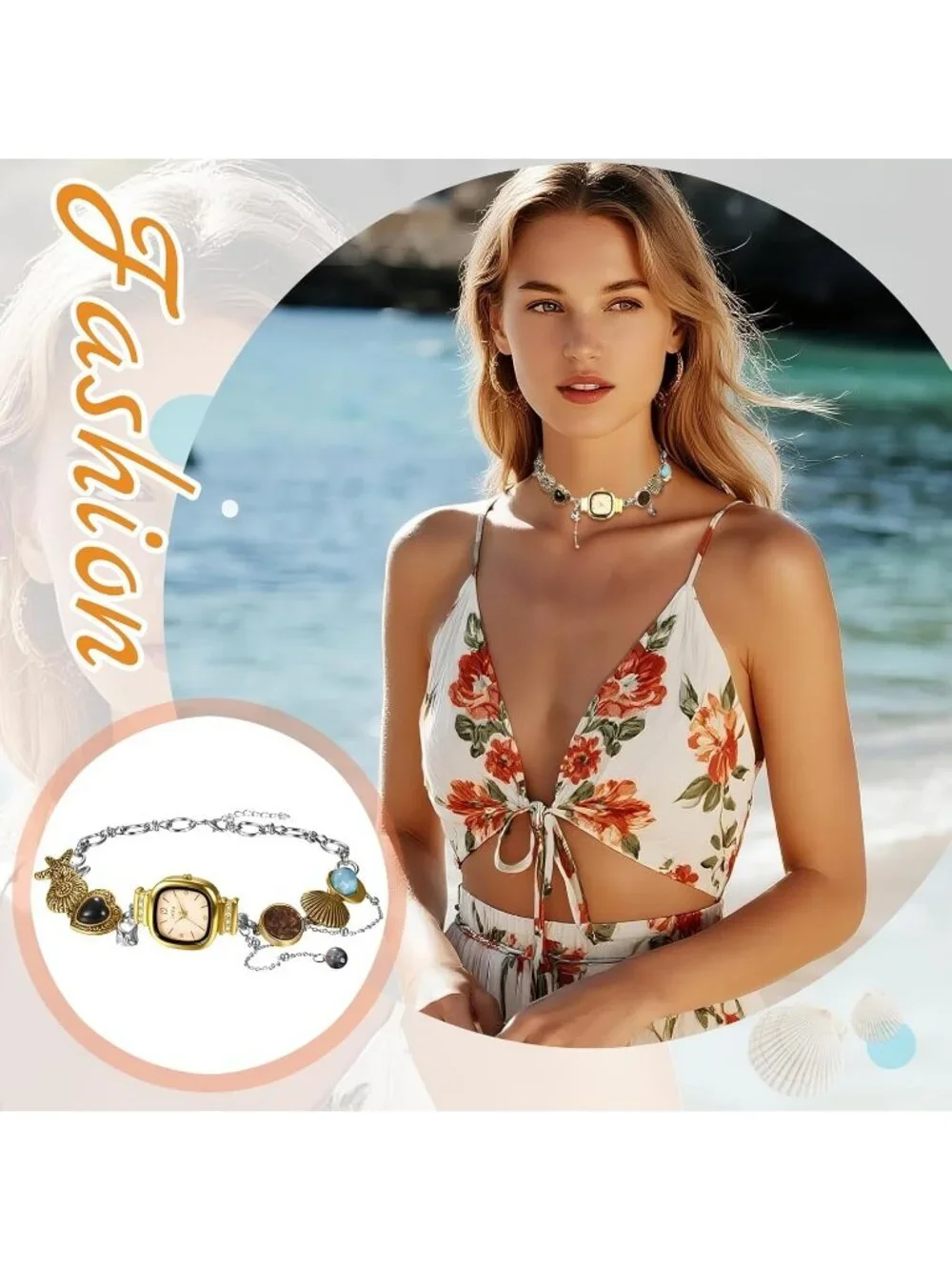 Women Silver Quartz Square Dial Seashell Starfish Imitation Ocean Necklace Watch